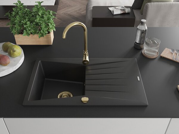 Mexen Cesar, chiuveta granit 775x470x190 mm, 1 camera, negru cu sifon auriu, 6514771010-77-G