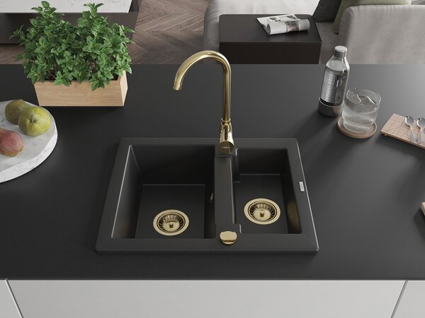 Mexen Carlos, chiuvetă din granit 582x475x177 mm, 1,5 camere, negru cu sifon auriu, 6518581500-77-G