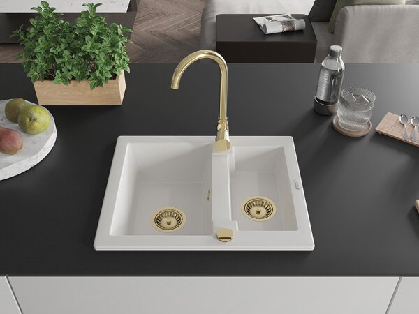 Mexen Carlos, chiuvetă din granit 582x475x177 mm, 1,5 camere, alb cu sifon auriu, 6518581500-20-G