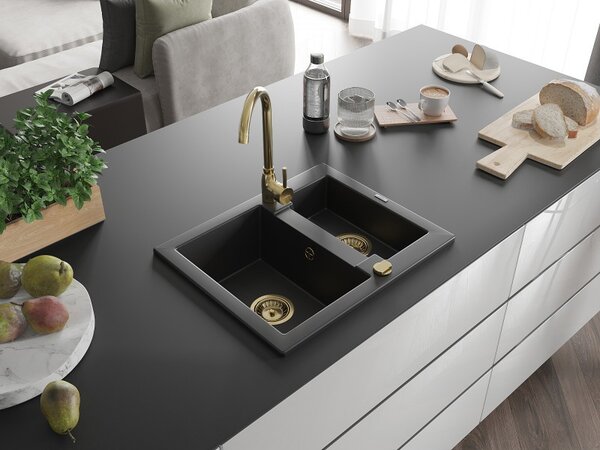 Mexen Carlos, chiuvetă din granit 582x475x177 mm, 1,5 camere, negru cu sifon auriu, 6518581500-77-G