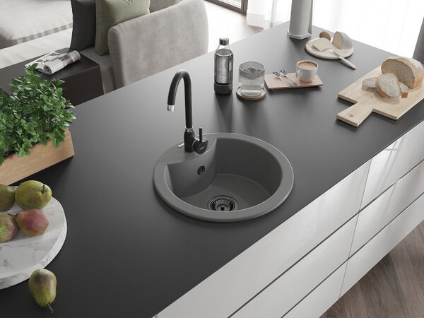 Mexen Diego, chiuvetă din granit 488x488x167 mm, 1 cameră, gri cu sifon negru, 6512481000-71-B