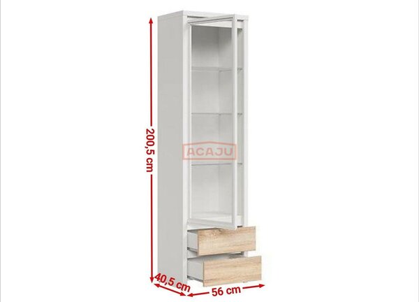 Vitrina KASPIAN, alb/stejar sonoma, PAL/sticla securizata, 56x41x201 c