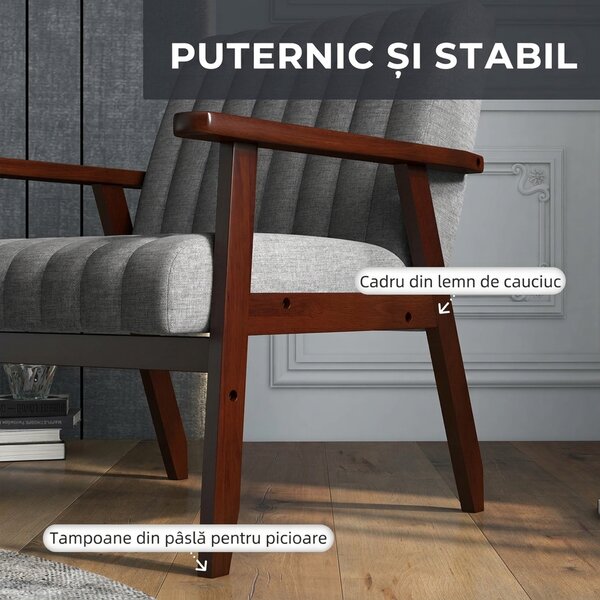HOMCOM Fotoliu Tip Scaun din Material, Fotoliu Capitonat pentru Dormitor, Sufragerie, cu Picioare din Lemn, 64x74,5x75,5 cm, Gri | Aosom Romania