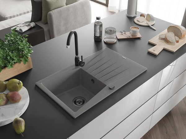 Mexen Cesar, chiuveta granit 775x470x190 mm, 1 camera, gri cu sifon negru, 6514771010-71-B