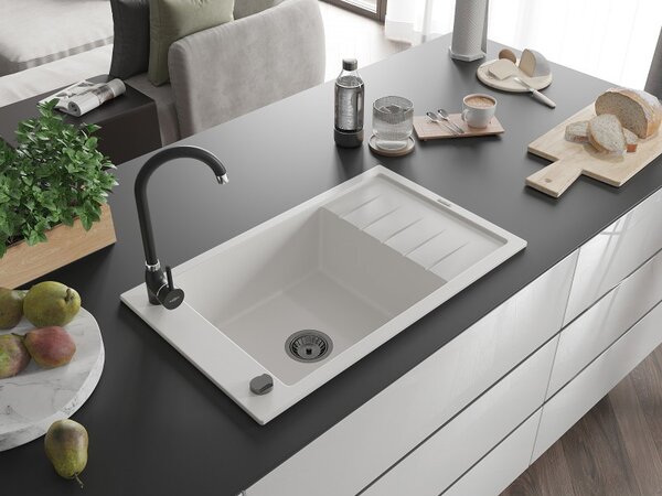 Mexen Elias, chiuveta granit granit 795x480x200 mm, 1 camera, alb cu sifon negru, 6511791005-20-B