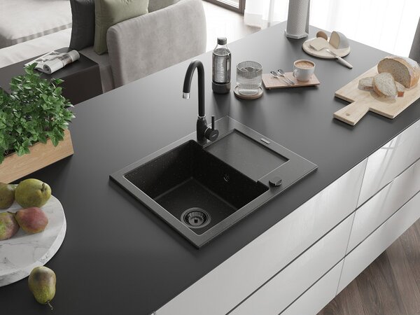 Mexen Enzo, chiuvetă din granit 576x465x174 mm, 1 cameră, negru-auriu metalic cu sifon negru, 6506571005-75-B
