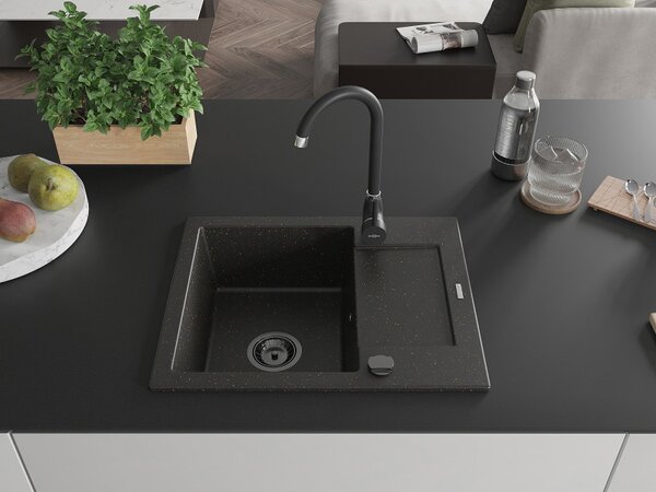Mexen Enzo, chiuvetă din granit 576x465x174 mm, 1 cameră, negru-auriu metalic cu sifon negru, 6506571005-75-B