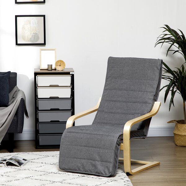 HOMCOM Fotoliu Relax cu Suport picioare pe 5 Niveluri si Tetiera, Fotoliu Ergonomic din Lemn de Mesteacan si Tesut, Gri