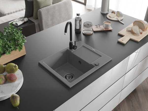 Mexen Enzo, chiuveta granit 576x465x174 mm, 1 camera, gri cu sifon negru, 6506571005-71-B