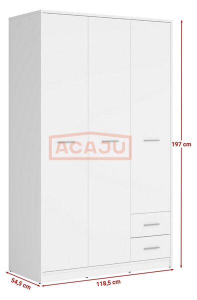 Dulap NEPO PLUS, alb, PAL, cu 3 usi si 2 sertare, 119x55x197 cm