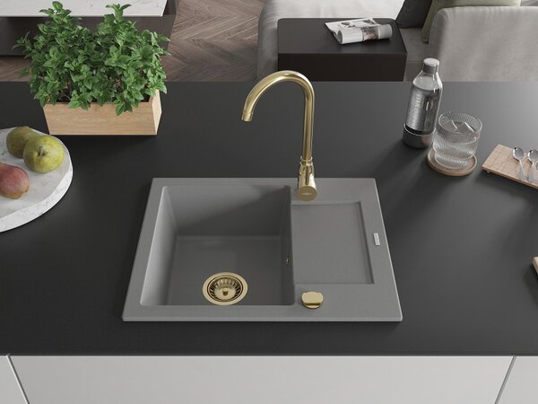 Mexen Enzo, chiuveta granit 576x465x174 mm, 1 camera, gri cu sifon auriu, 6506571005-71-G