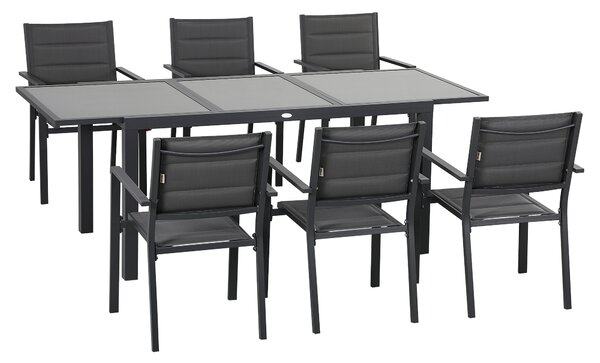 Outsunny Set de 7 Piese de Grădină din Aluminiu cu Masă Extensibilă și 6 Scaune cu Șezut din Plasă Respirabilă, 210x90x75 cm, Gri | Aosom Romania