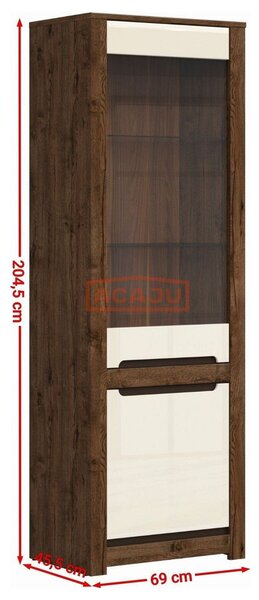 Vitrina RUSO, stejar april/alb perla, PAL/sticla securizata, 69x46x205