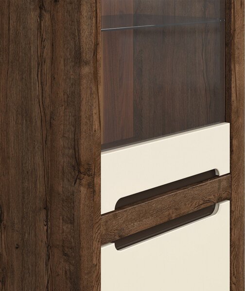 Vitrina RUSO, stejar april/alb perla, PAL/sticla securizata, 69x46x205