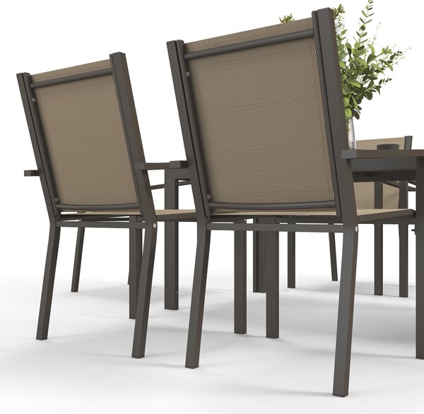 Outsunny Set de Grădină din 7 Piese cu Masă din Plastic-Lemn și 6 Fotolii Stivuibile cu Șezut și Spătar, 150x90x73 cm, Maro | Aosom Romania
