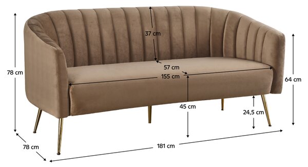KONDELA Canapea de design cu 3 locuri, ţesătură Velvet maro/gold crom-auriu, BAGY
