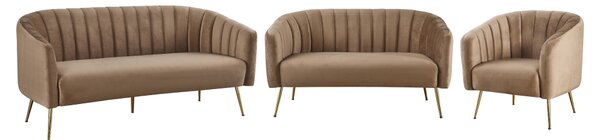 KONDELA Canapea de design cu 3 locuri, ţesătură Velvet maro/gold crom-auriu, BAGY