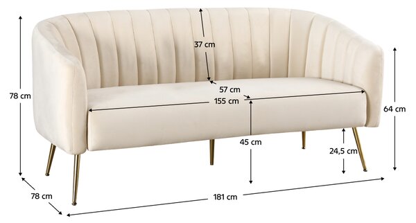 KONDELA Canapea de design cu 3 locuri, ţesătură Velvet bej/gold crom-auriu, BAGY
