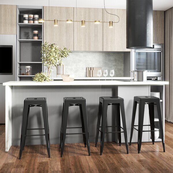HOMCOM Set 4 Scaune de Bar din Metal cu Suport pentru Picioare Design Versatil pentru Interior/Exterior Negru 43x43x76 cm | Aosom Romania