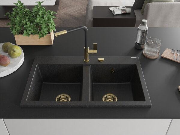 Mexen Hektor, chiuvetă granit cu 2 camere 800x480x205 mm, negru-argintiu metalic, sifon auriu, 6521802000-73-G