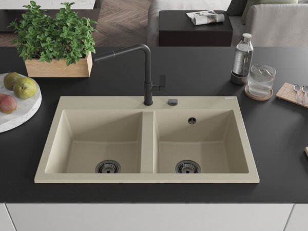 Mexen Hektor, chiuvetă granit cu 2 camere 800x480x205 mm, bej, sifon grafit, 6521802000-69-B