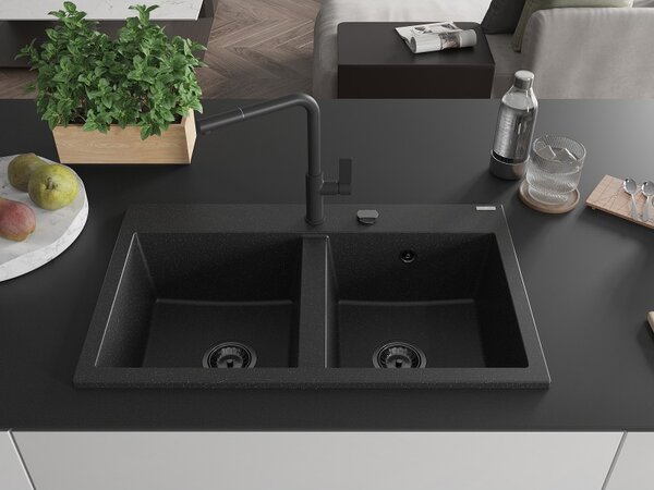 Mexen Hektor, chiuvetă granit cu 2 camere 800x480x205 mm, negru-argintiu metalic, sifon grafit, 6521802000-73-B