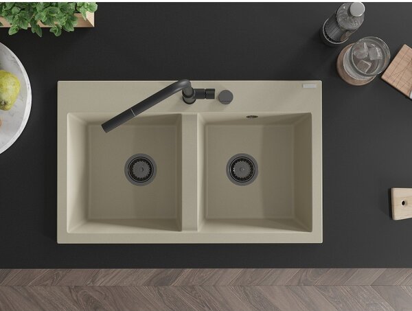 Mexen Hektor, chiuvetă granit cu 2 camere 800x480x205 mm, bej, sifon grafit, 6521802000-69-B