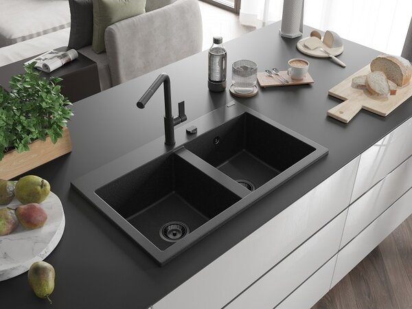 Mexen Hektor, chiuvetă granit cu 2 camere 800x480x205 mm, negru-argintiu metalic, sifon grafit, 6521802000-73-B