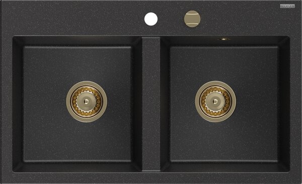 Mexen Hektor, chiuvetă granit cu 2 camere 800x480x205 mm, negru-argintiu metalic, sifon auriu, 6521802000-73-G