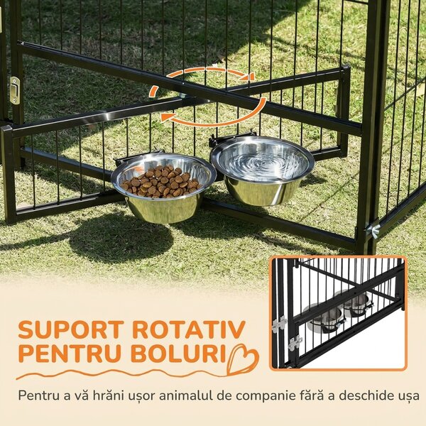 PawHut Gard pentru Câini din Metal cu Ușă pentru Boluri, Gard pentru Câini de Exterior cu Acoperiș, 141x141x151 cm, Negru și Maro