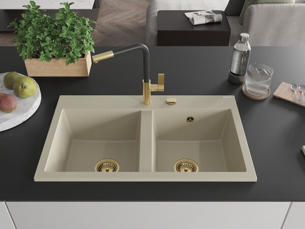Mexen Hektor, chiuveta granit cu 2 camere 800x480x205 mm, bej, sifon auriu, 6521802000-69-G
