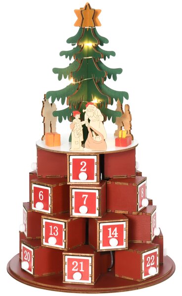 Calendar Advent de Craciun din lemn, cu lumini LED, pentru copii si adulti, rosu si verde HOMCOM | Aosom Romania