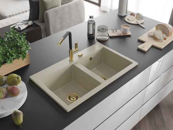 Mexen Hektor, chiuveta granit cu 2 camere 800x480x205 mm, bej, sifon auriu, 6521802000-69-G