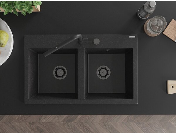Mexen Hektor, chiuvetă granit cu 2 camere 800x480x205 mm, negru-argintiu metalic, sifon grafit, 6521802000-73-B