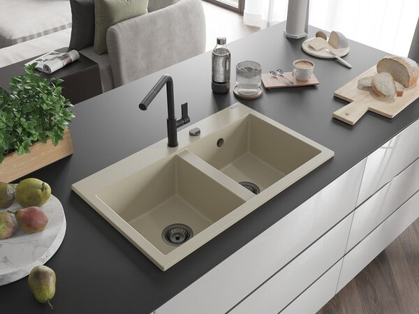 Mexen Hektor, chiuvetă granit cu 2 camere 800x480x205 mm, bej, sifon grafit, 6521802000-69-B