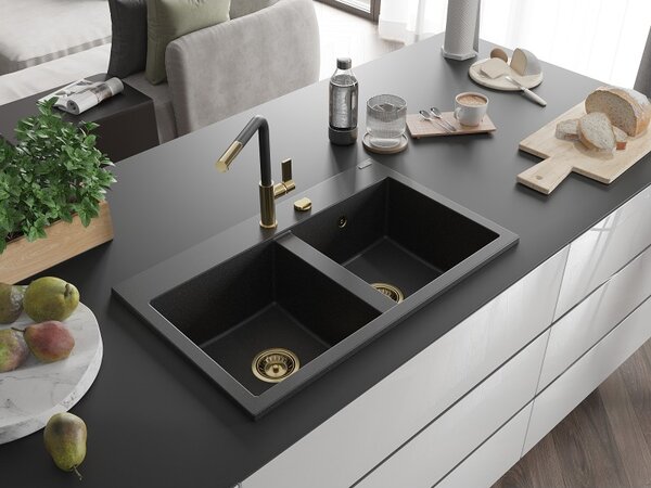 Mexen Hektor, chiuvetă granit cu 2 camere 800x480x205 mm, negru-argintiu metalic, sifon auriu, 6521802000-73-G