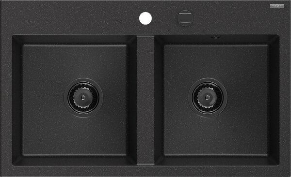 Mexen Hektor, chiuvetă granit cu 2 camere 800x480x205 mm, negru-argintiu metalic, sifon grafit, 6521802000-73-B