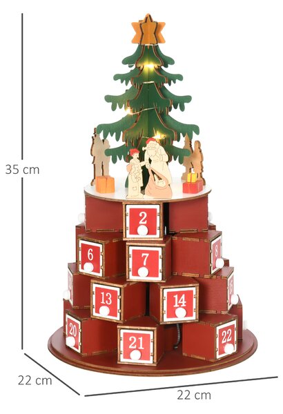Calendar Advent de Craciun din lemn, cu lumini LED, pentru copii si adulti, rosu si verde HOMCOM | Aosom Romania