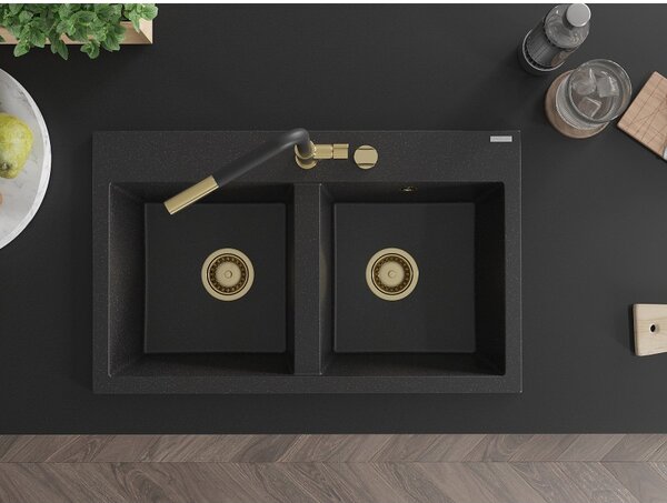 Mexen Hektor, chiuvetă granit cu 2 camere 800x480x205 mm, negru-argintiu metalic, sifon auriu, 6521802000-73-G