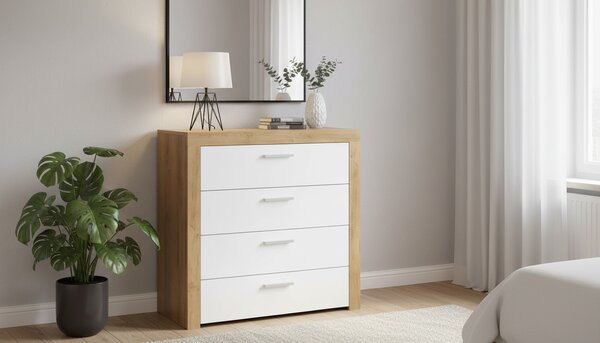 Comoda BALDER KOM4S, alb/stejar, PAL, 90x39x88 cm