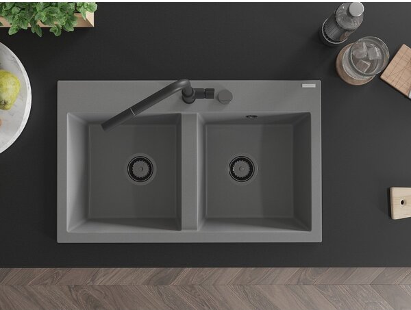 Mexen Hektor, chiuvetă granit cu 2 camere 800x480x205 mm, gri, sifon grafit, 6521802000-71-B