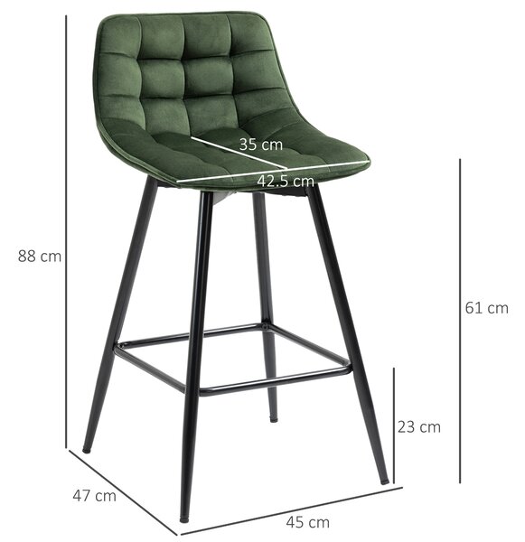 Set de 2 scaune de bar HOMCOM cu spatar, tapitate, stil nordic, metal, catifea, verde, 45x47x88cm | Aosom Romania