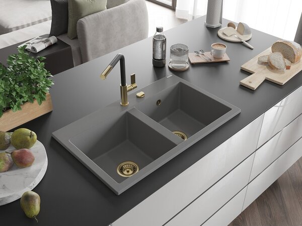 Mexen Hektor, chiuvetă granit cu 2 camere 800x480x205 mm, gri, sifon auriu, 6521802000-71-G