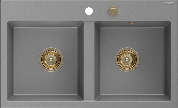 Mexen Hektor, chiuvetă granit cu 2 camere 800x480x205 mm, gri, sifon auriu, 6521802000-71-G