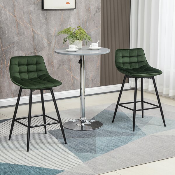 Set de 2 scaune de bar HOMCOM cu spatar, tapitate, stil nordic, metal, catifea, verde, 45x47x88cm | Aosom Romania