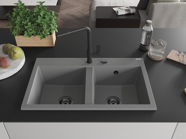 Mexen Hektor, chiuvetă granit cu 2 camere 800x480x205 mm, gri, sifon grafit, 6521802000-71-B