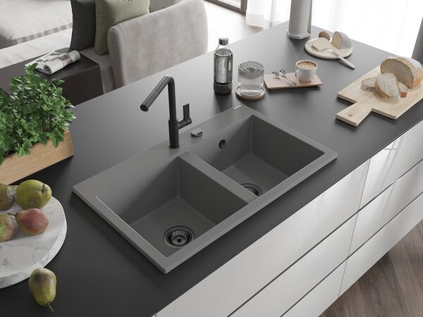 Mexen Hektor, chiuvetă granit cu 2 camere 800x480x205 mm, gri, sifon grafit, 6521802000-71-B