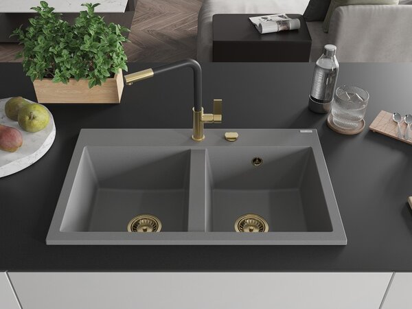 Mexen Hektor, chiuvetă granit cu 2 camere 800x480x205 mm, gri, sifon auriu, 6521802000-71-G