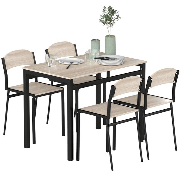 Set HOMCOM de Masă și 4 Scaune, Design Dreptunghiular, Oțel și MDF, Negru și Lemn Natural, 100x63x76.5cm și 45x40x82cm | Aosom Romania