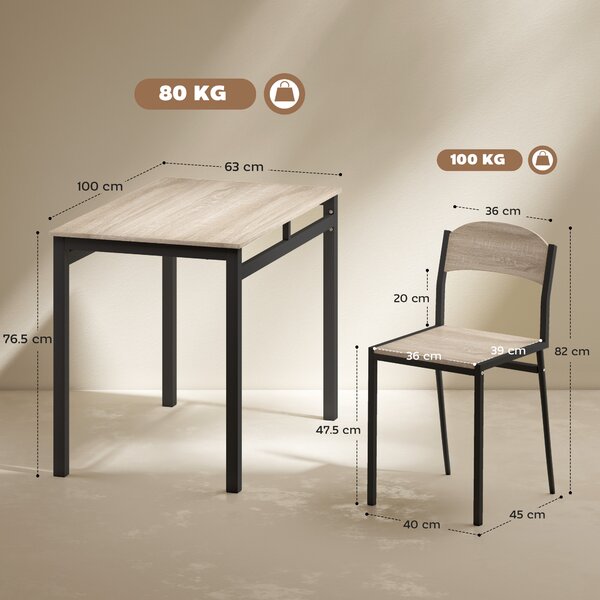 Set HOMCOM de Masă și 4 Scaune, Design Dreptunghiular, Oțel și MDF, Negru și Lemn Natural, 100x63x76.5cm și 45x40x82cm | Aosom Romania